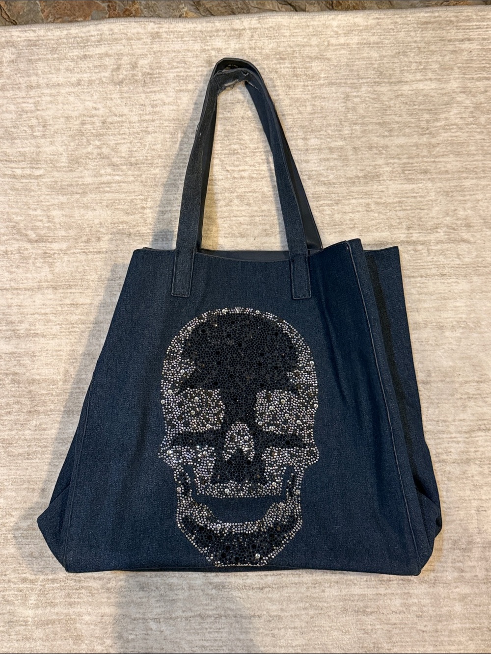 Dark Blue Denim Tote Bag with Crystal Skull Accent